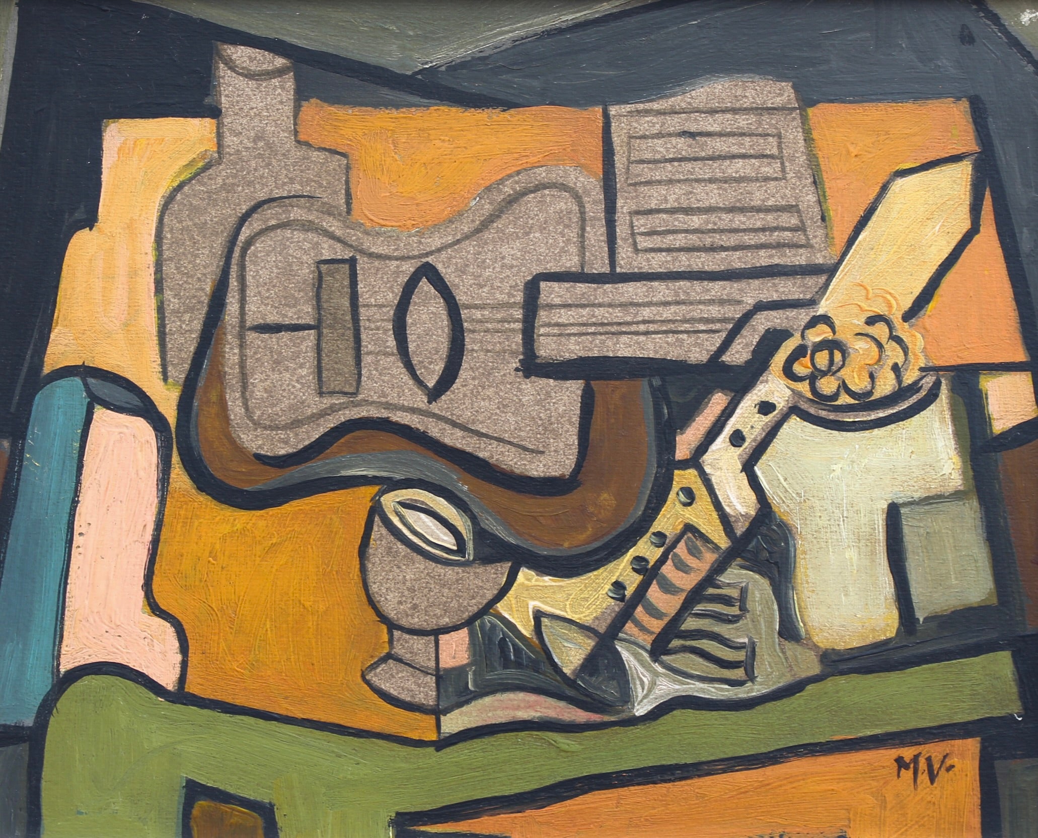 Symphony of Colour: Cubist Still Life with Guitar and Wine