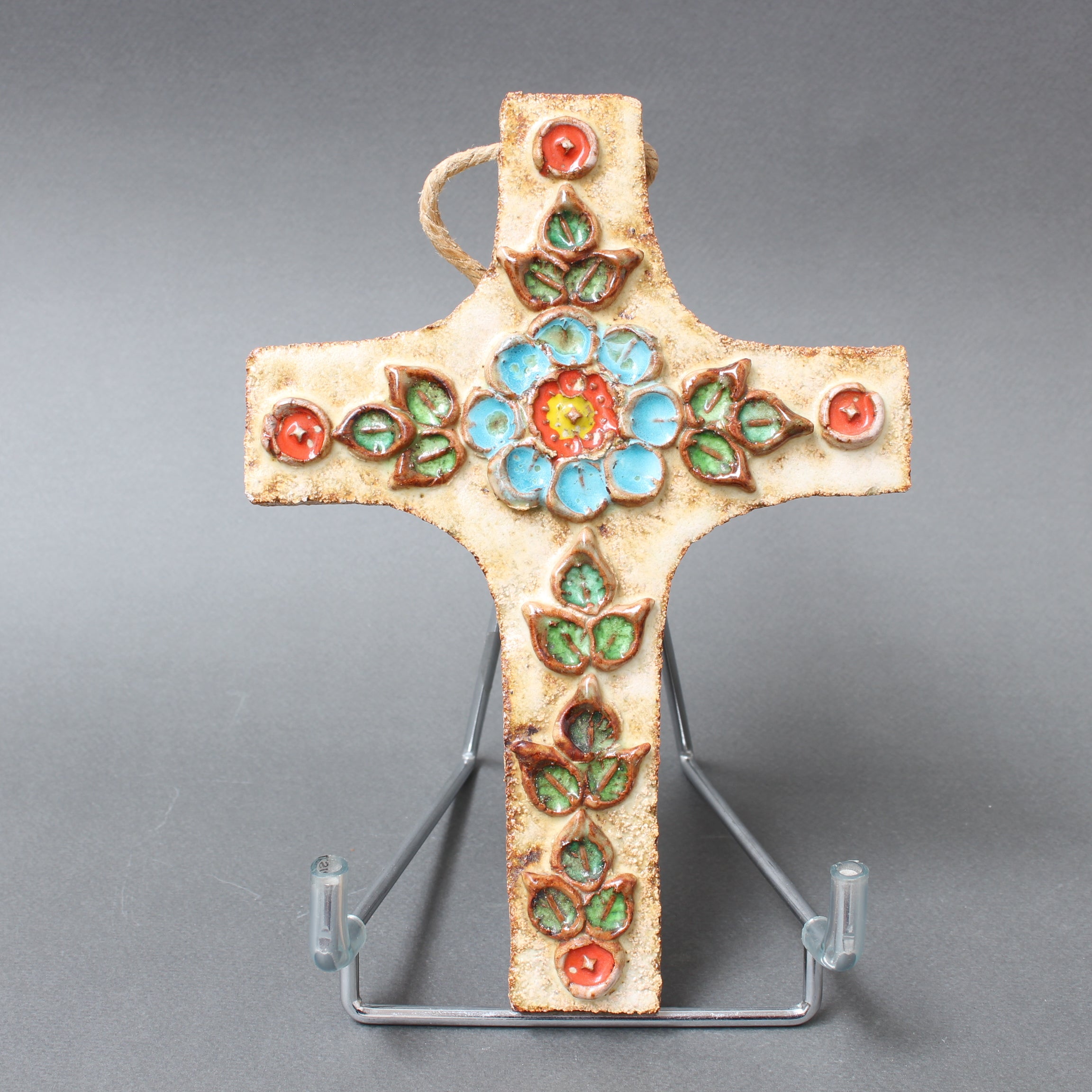 Vintage French Ceramic Flower-Motif Cross by La Roue (circa 1960s