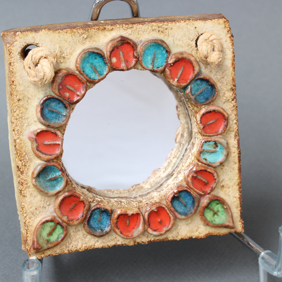 Small Vintage Ceramic Wall Mirror with Flower Motif by La Roue (circa 1960s)