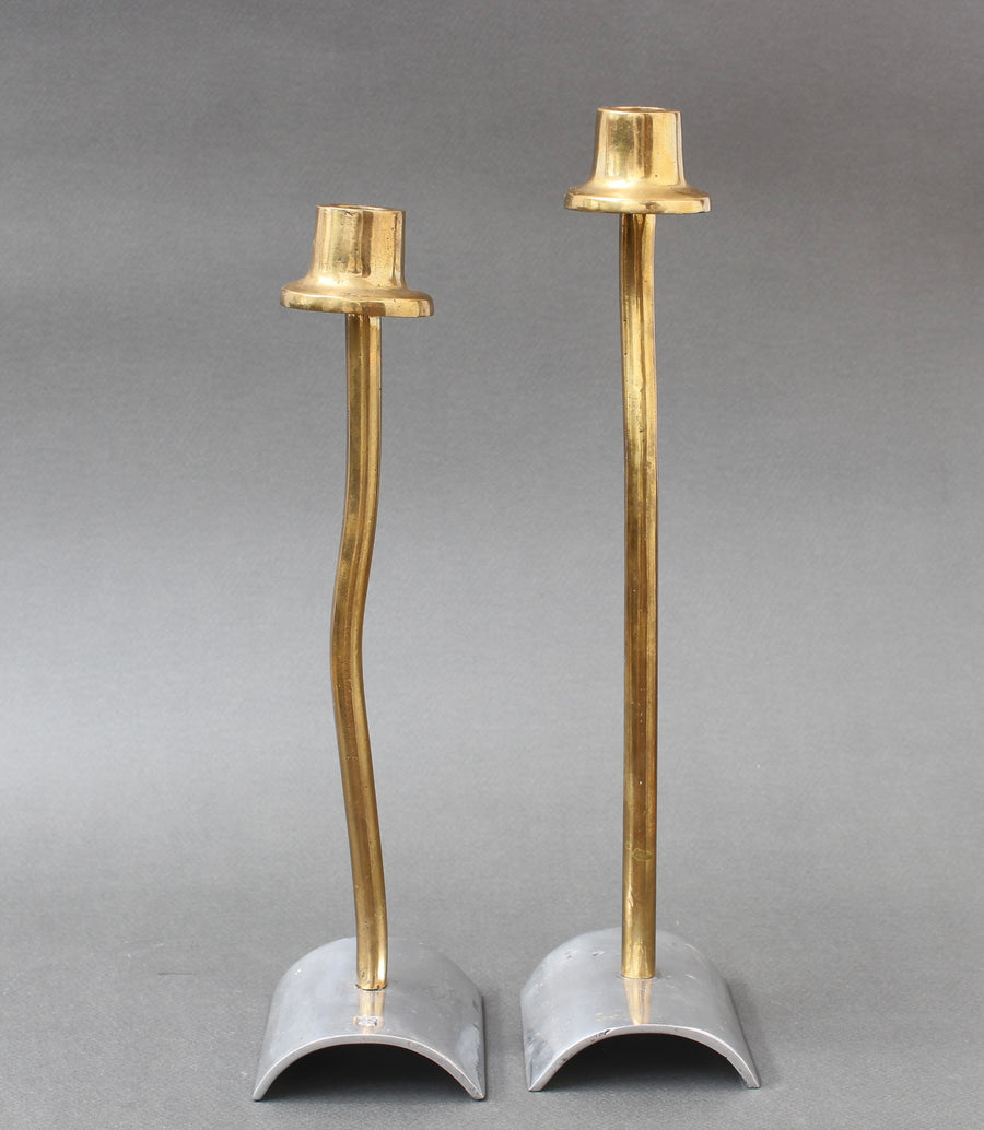 Pair of Brutalist Aluminium and Brass Candlesticks by David Marshall (circa 1980s)