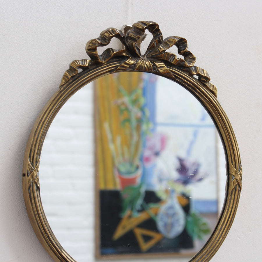 Mid-Century Italian Wall Mirror with Brass Frame and Ribbon Crest (circa 1950s) - Small