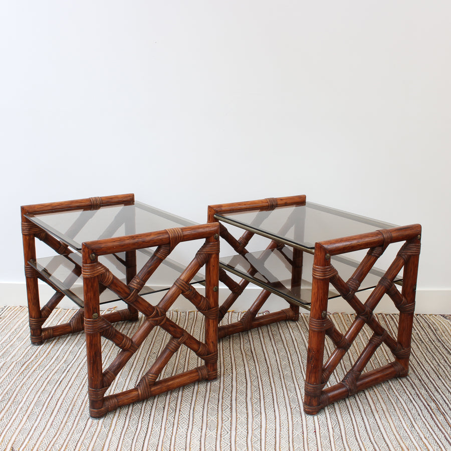 Pair of Vintage Italian Bamboo Side Tables with Glass Tops (circa 1970s)