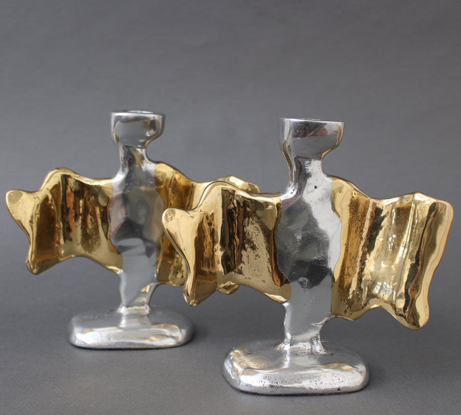 Pair of Brutalist Aluminium and Brass Candlesticks by David Marshall (circa 1990s)