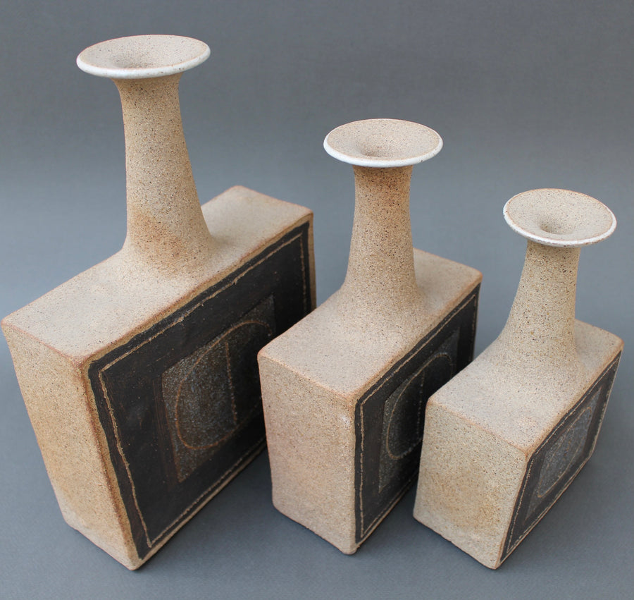 Trio of Italian Stoneware Vases with Abstract Motif by Bruno Gambone (circa 1990s)