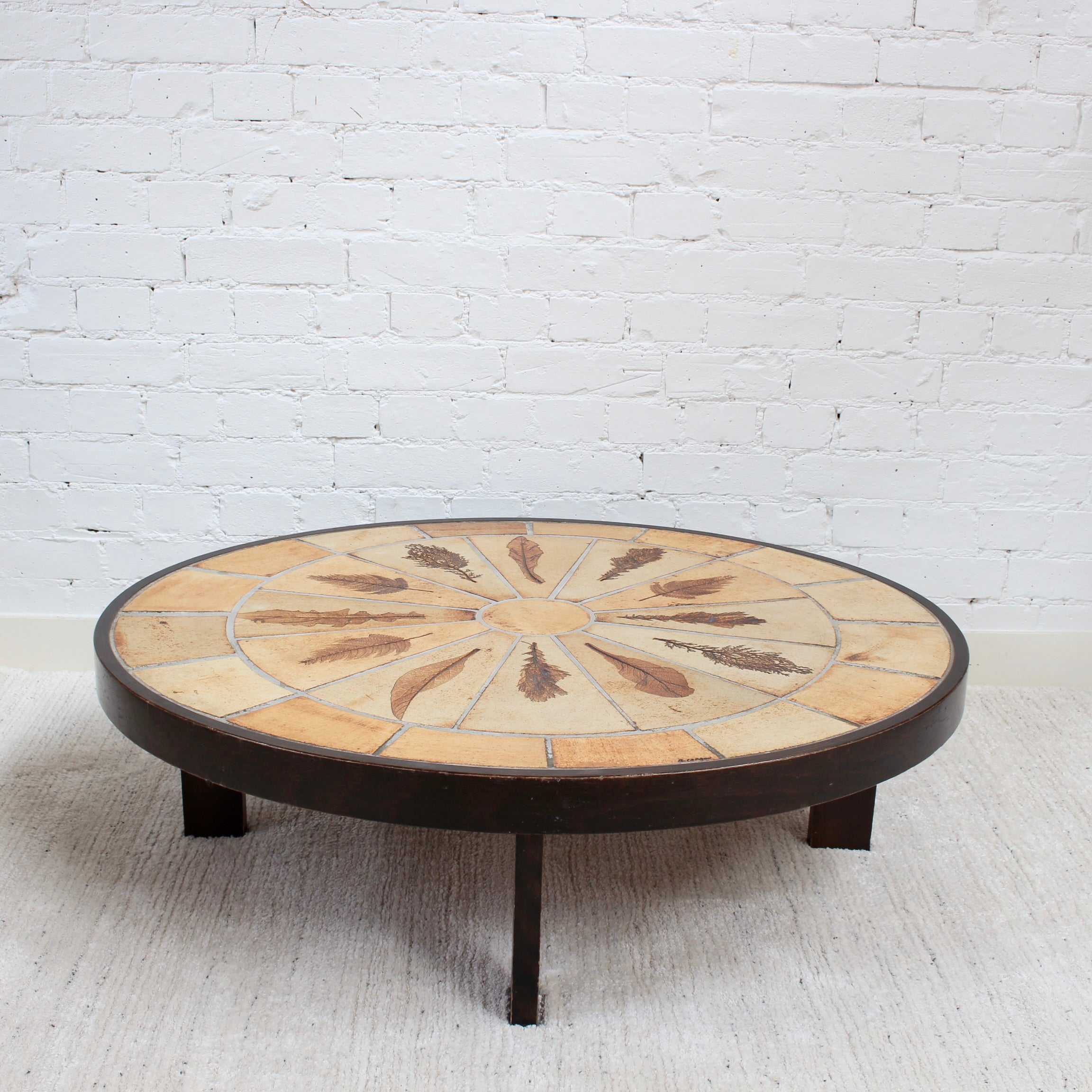 Vintage French Coffee Table with Leaf Motif Tiles by Roger Capron