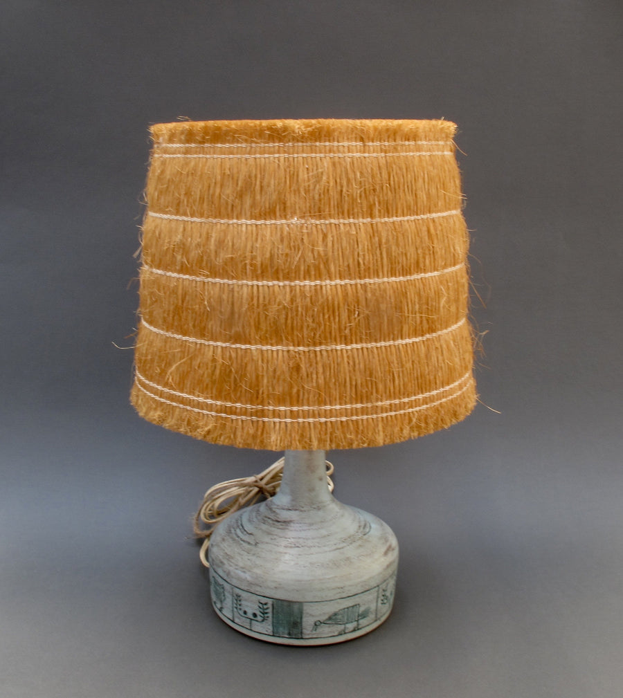 Ceramic Lamp by Jacques Blin with Original Raffia Shade (c. 1950s)