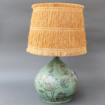 Ceramic Table Lamp by Jacques Blin with Raffia Lampshade (circa 1950s) - Green