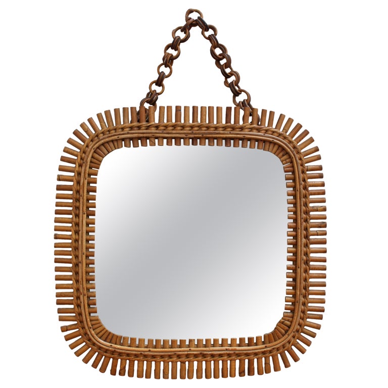 Mid-Century Italian Rattan Mirror with Hanging Chain (circa 1960s)