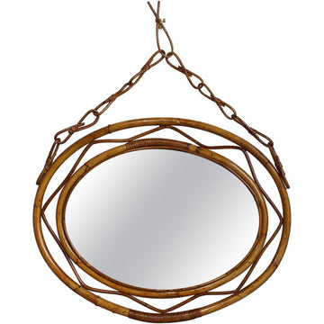 French Vintage Rattan Wall Mirror with Chain (circa 1960s)