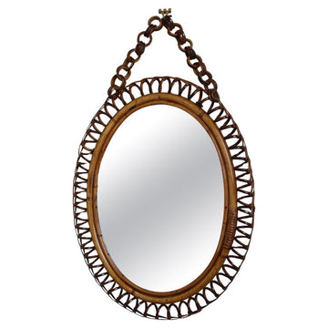 Vintage Italian Rattan Wall Mirror with Hanging Chain (circa 1960s)
