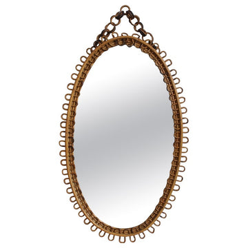 Mid-Century Rattan Wall Mirror with Hanging Chain (circa 1960s)