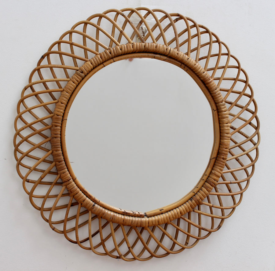 Vintage Italian Rattan Round Wall Mirror (circa 1960s)