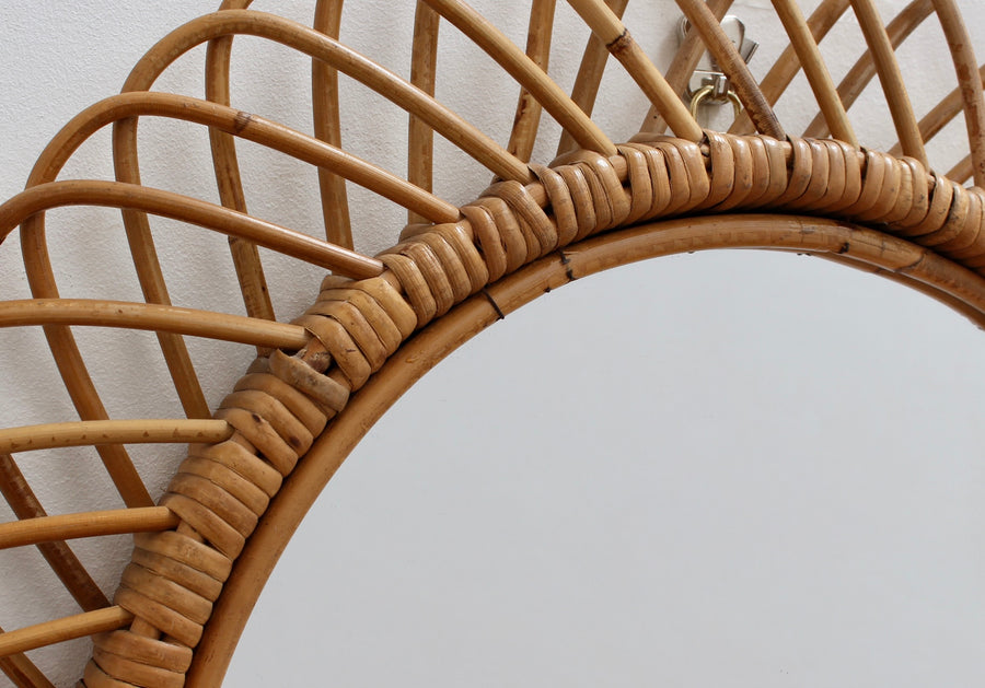 Vintage Italian Rattan Round Wall Mirror (circa 1960s)