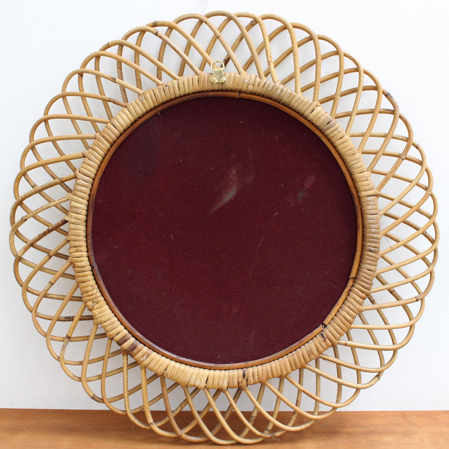 Vintage Italian Rattan Round Wall Mirror (circa 1960s)