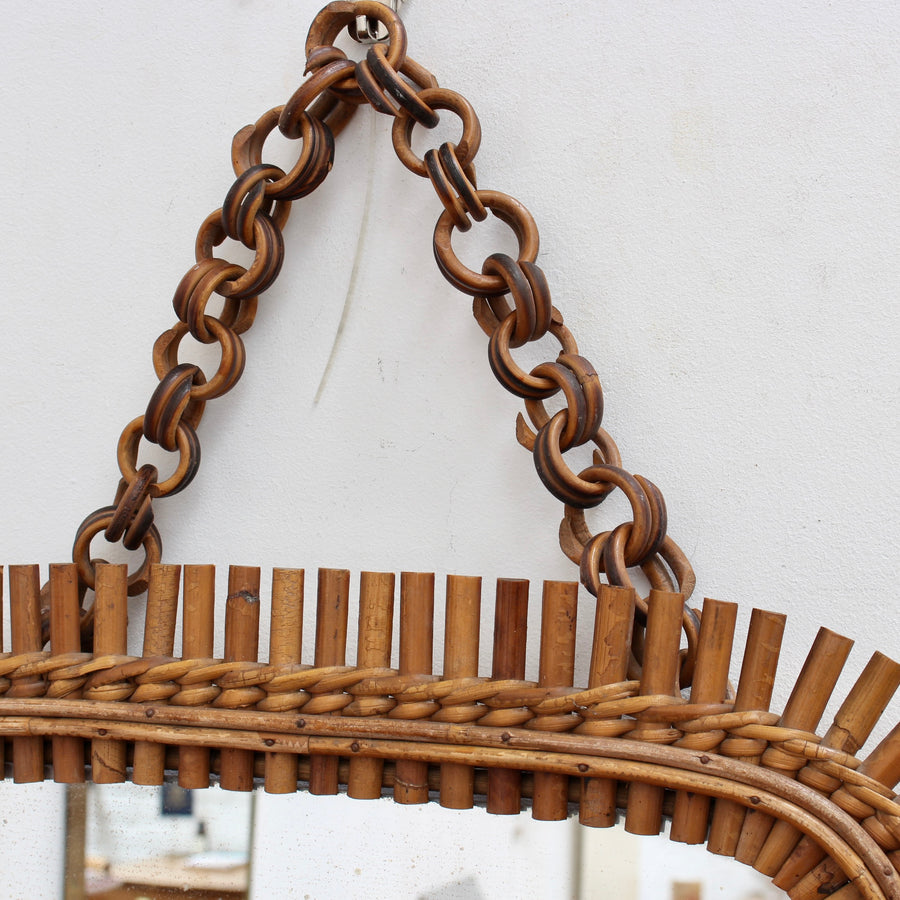 Mid-Century Italian Rattan Mirror with Hanging Chain (circa 1960s)