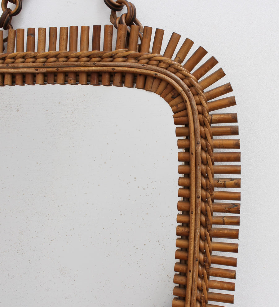 Mid-Century Italian Rattan Mirror with Hanging Chain (circa 1960s)