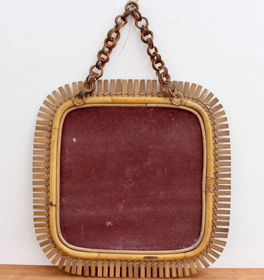 Mid-Century Italian Rattan Mirror with Hanging Chain (circa 1960s)