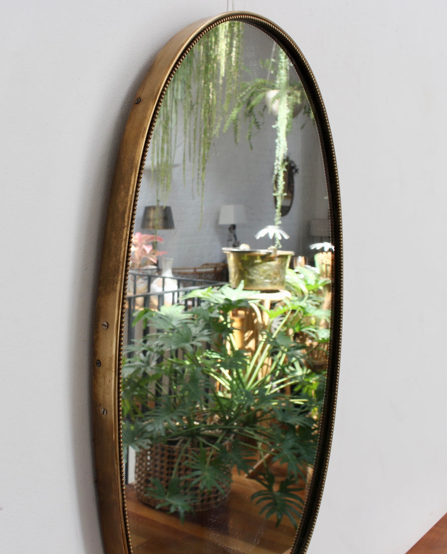 Vintage Italian Oval Wall Mirror with Brass Frame and Beading (circa 1950s)