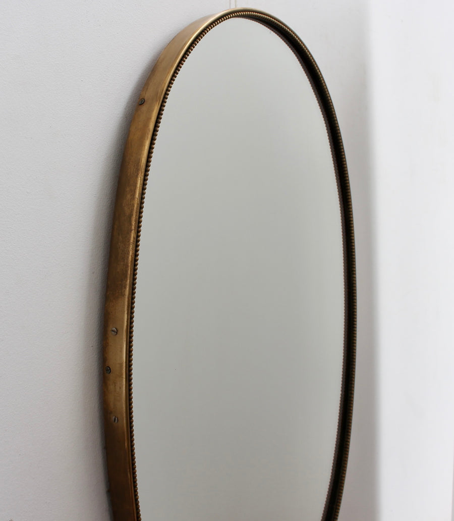 Vintage Italian Oval Wall Mirror with Brass Frame and Beading (circa 1950s)