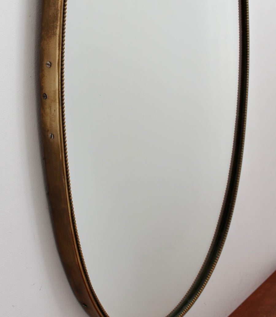Vintage Italian Oval Wall Mirror with Brass Frame and Beading (circa 1950s)