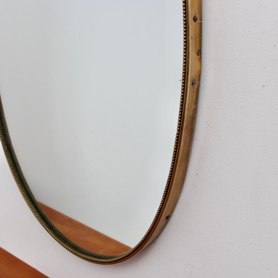 Vintage Italian Oval Wall Mirror with Brass Frame and Beading (circa 1950s)