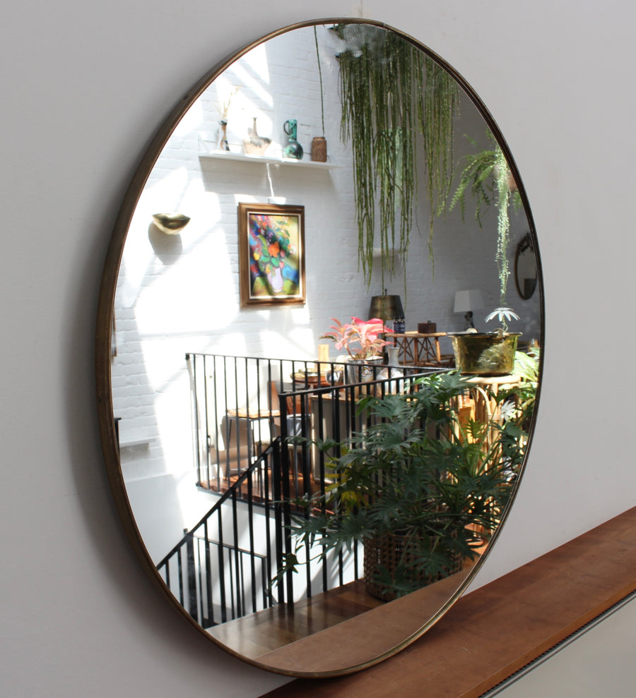 Mid-Century Italian Round Wall Mirror with Brass Frame (circa 1960s) - Large