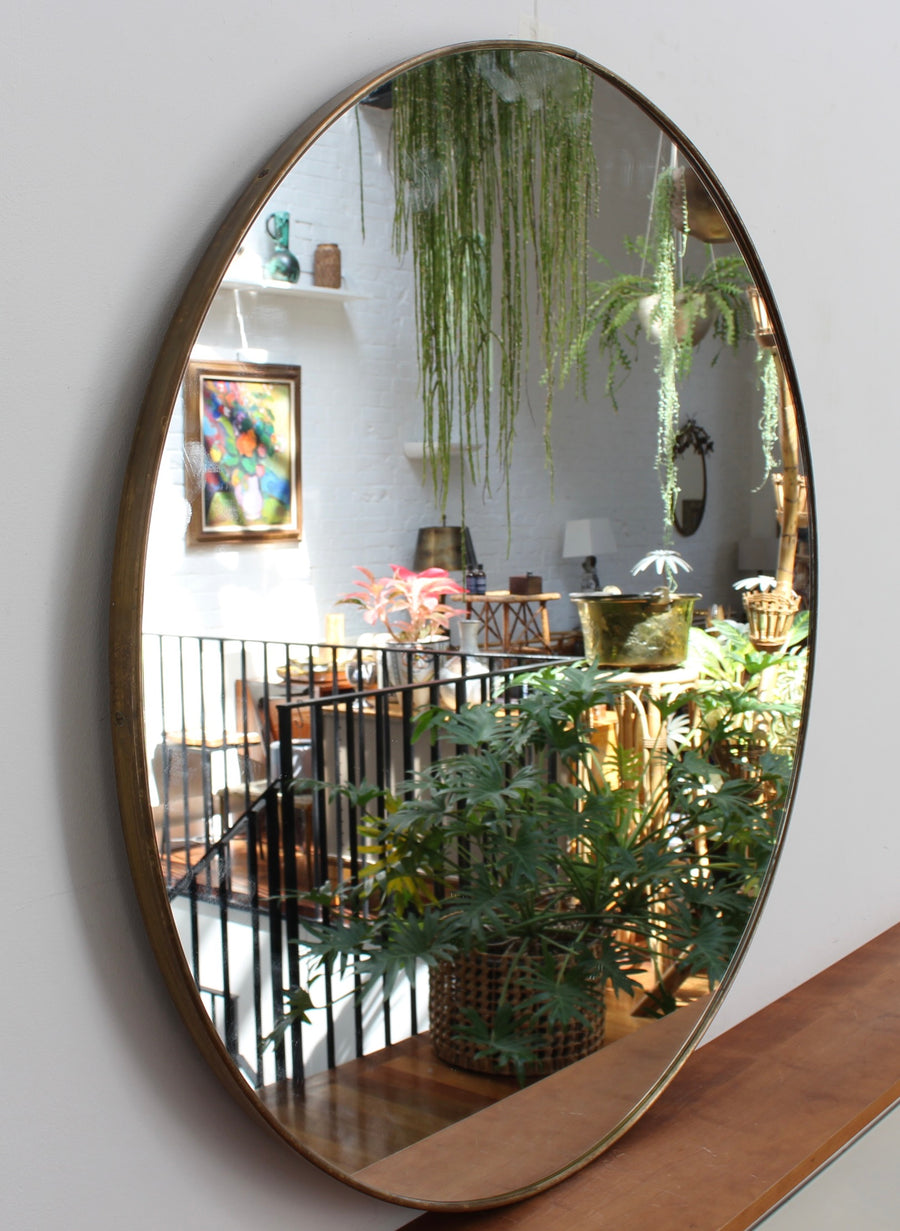 Mid-Century Italian Round Wall Mirror with Brass Frame (circa 1960s) - Large