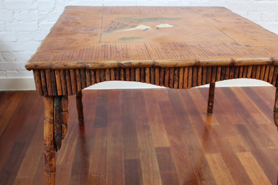 Antique Chinoiserie Style Bamboo Rattan Card Table (circa 1910)