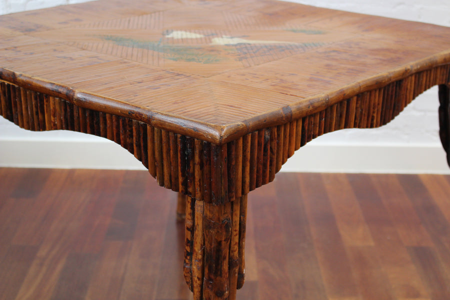 Antique Chinoiserie Style Bamboo Rattan Card Table (circa 1910)