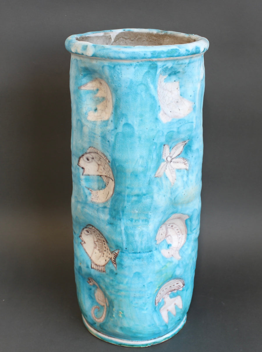 Vintage Blue Italian Ceramic Umbrella Stand by C.A.S. Vietri (circa 1950s)