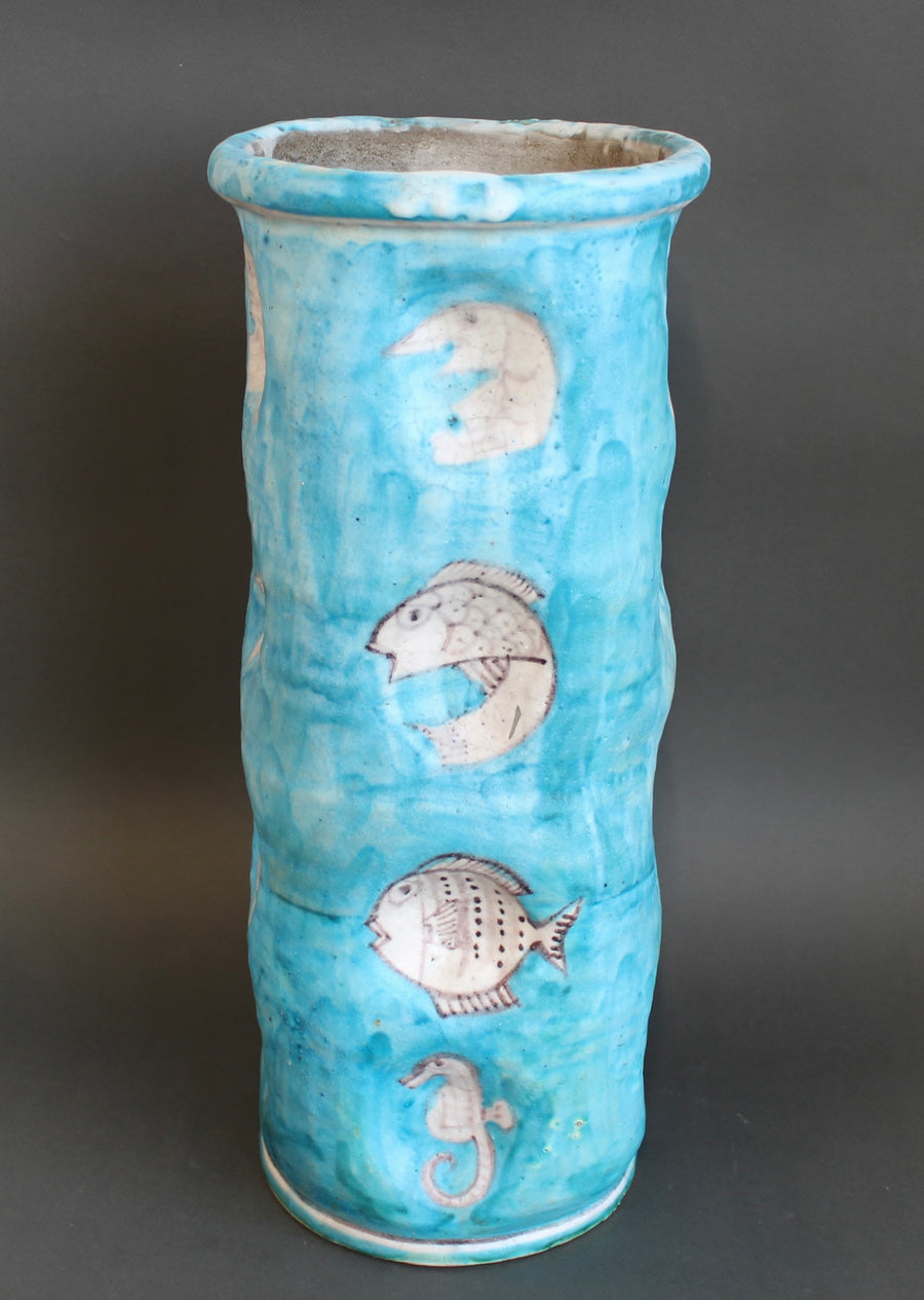 Vintage Blue Italian Ceramic Umbrella Stand by C.A.S. Vietri (circa 1950s)