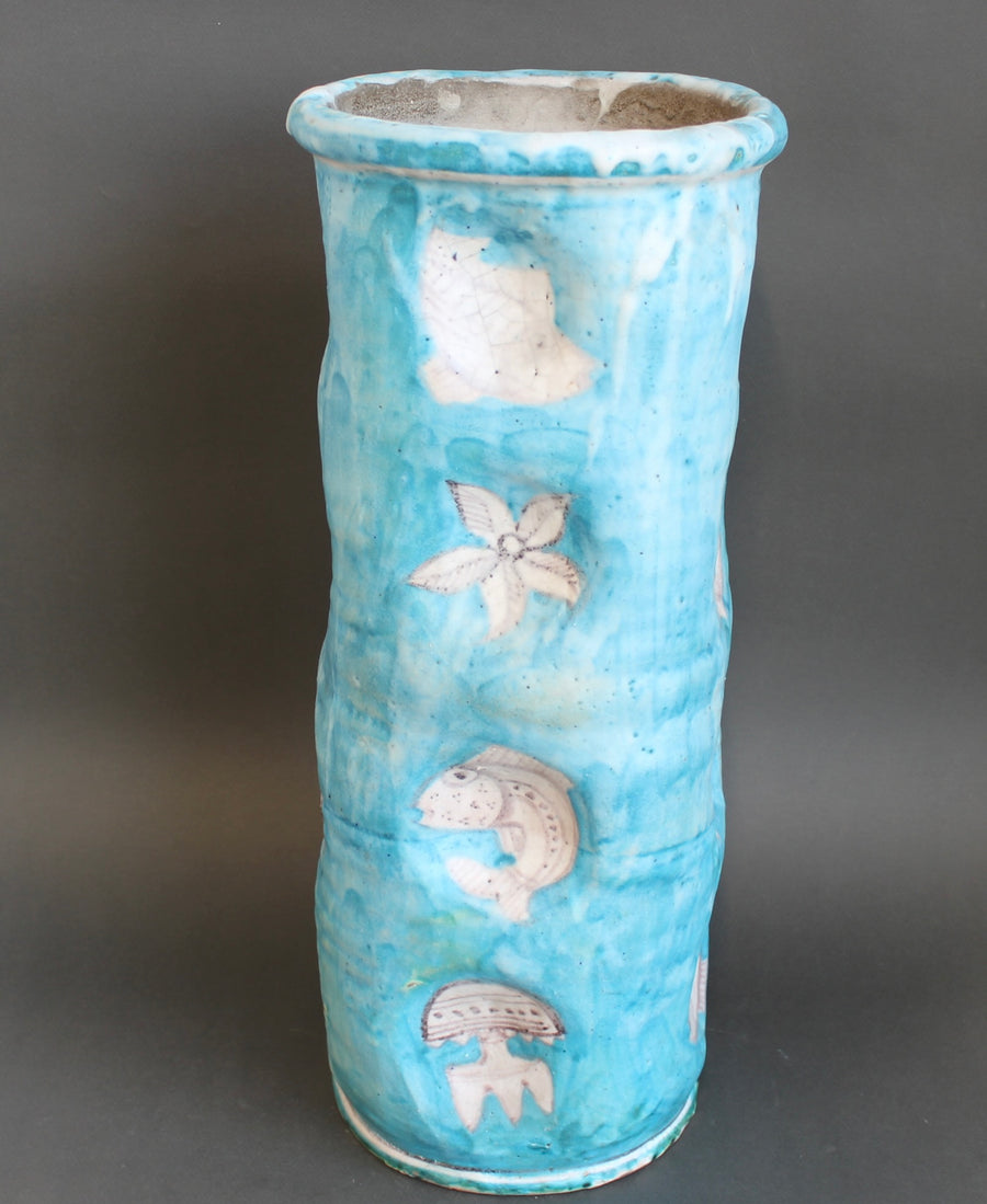 Vintage Blue Italian Ceramic Umbrella Stand by C.A.S. Vietri (circa 1950s)