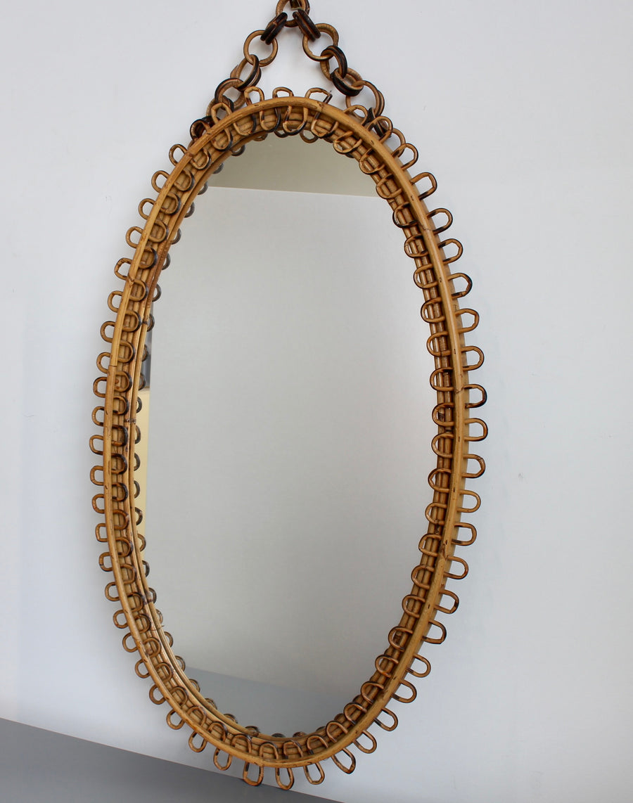 Mid-Century Rattan Wall Mirror with Hanging Chain (circa 1960s)