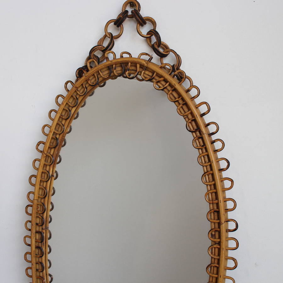 Mid-Century Rattan Wall Mirror with Hanging Chain (circa 1960s)