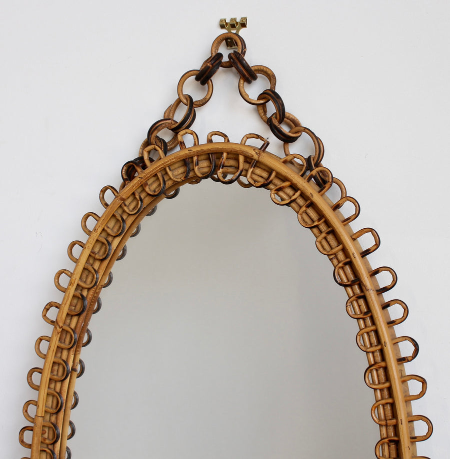 Mid-Century Rattan Wall Mirror with Hanging Chain (circa 1960s)
