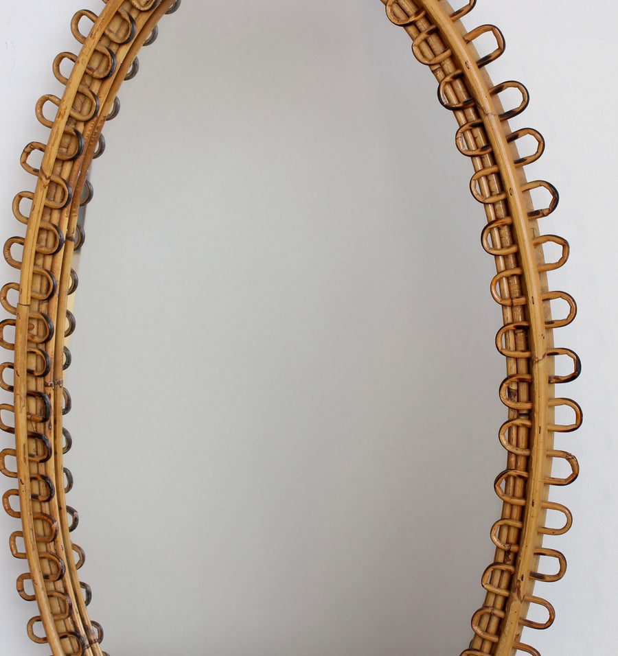 Mid-Century Rattan Wall Mirror with Hanging Chain (circa 1960s)