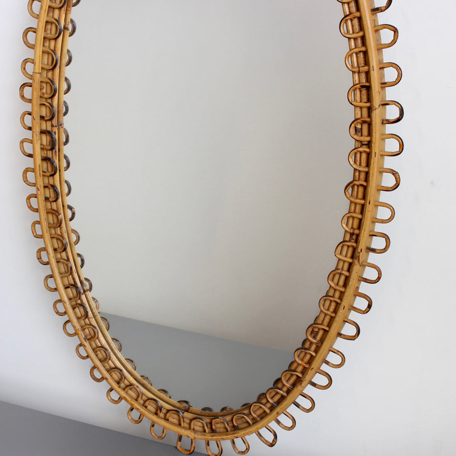 Mid-Century Rattan Wall Mirror with Hanging Chain (circa 1960s)