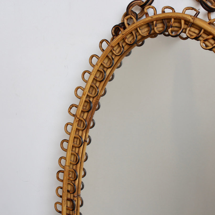 Mid-Century Rattan Wall Mirror with Hanging Chain (circa 1960s)