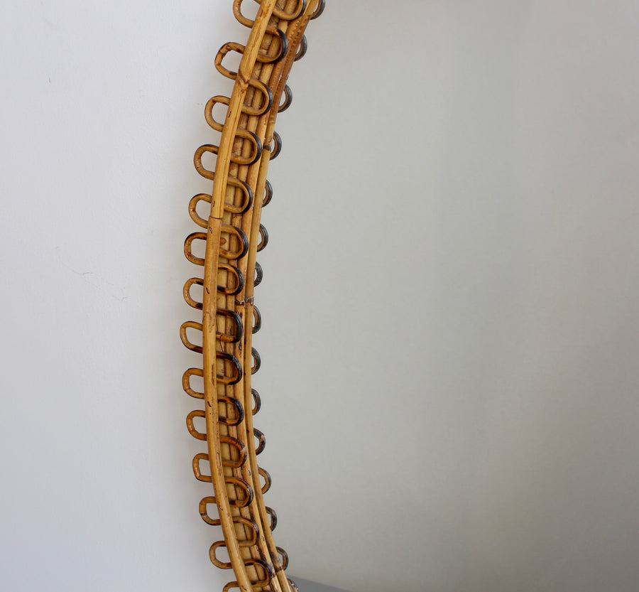 Mid-Century Rattan Wall Mirror with Hanging Chain (circa 1960s)