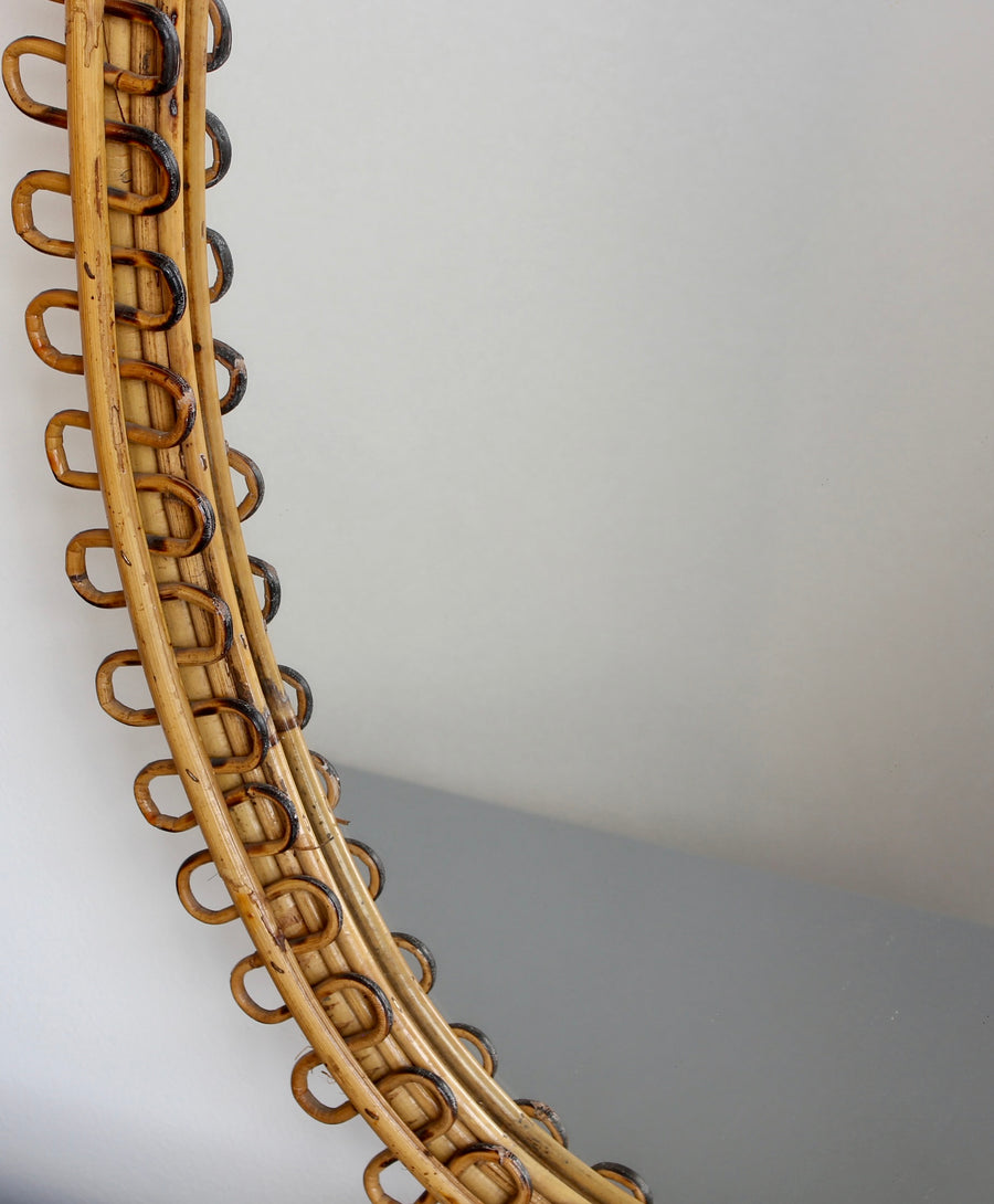 Mid-Century Rattan Wall Mirror with Hanging Chain (circa 1960s)