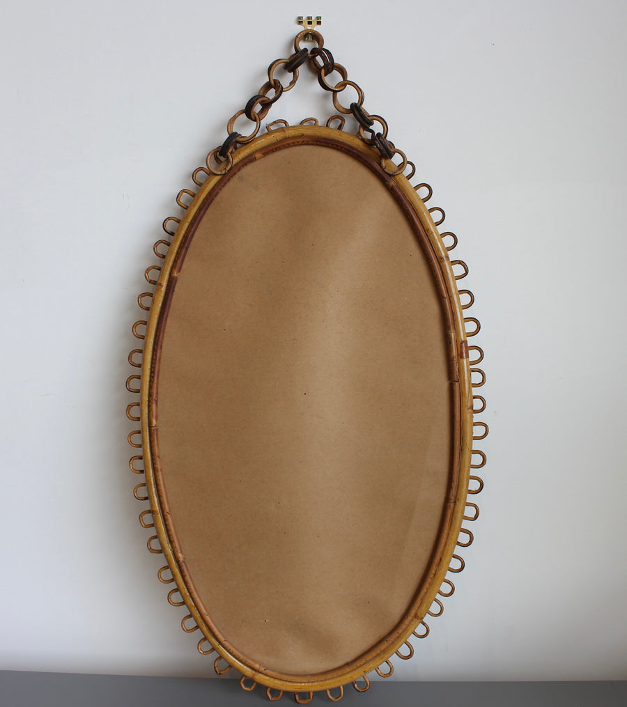 Mid-Century Rattan Wall Mirror with Hanging Chain (circa 1960s)