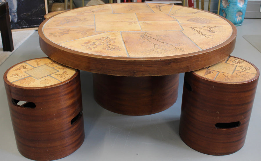 Vintage French Coffee Table Set with Ceramic Top by Raymonde Leduc (circa 1970s)