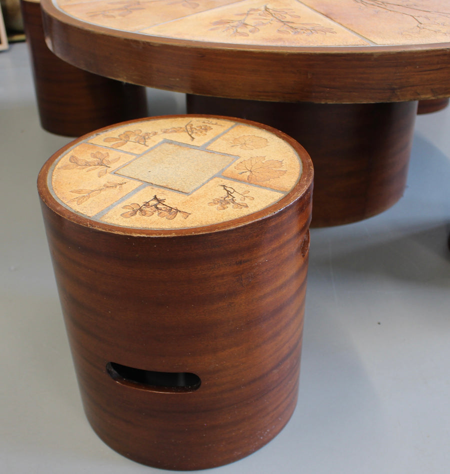 Vintage French Coffee Table Set with Ceramic Top by Raymonde Leduc (circa 1970s)