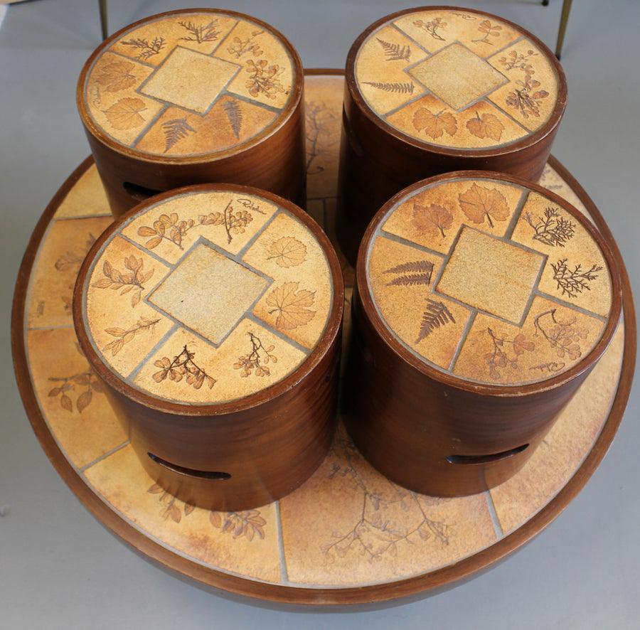 Vintage French Coffee Table Set with Ceramic Top by Raymonde Leduc (circa 1970s)
