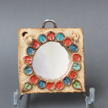 Small Vintage Ceramic Wall Mirror with Flower Motif by La Roue (circa 1960s)