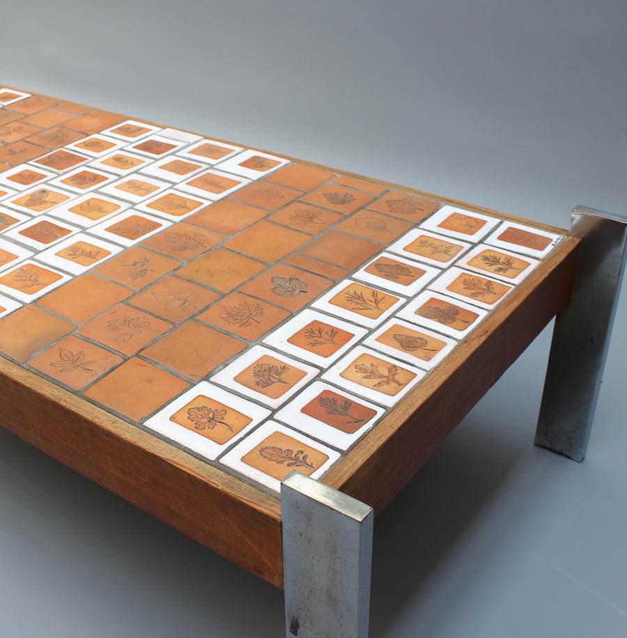 Vintage French Coffee Table with Leaf Motif Tiles by Roger Capron (circa 1970s)