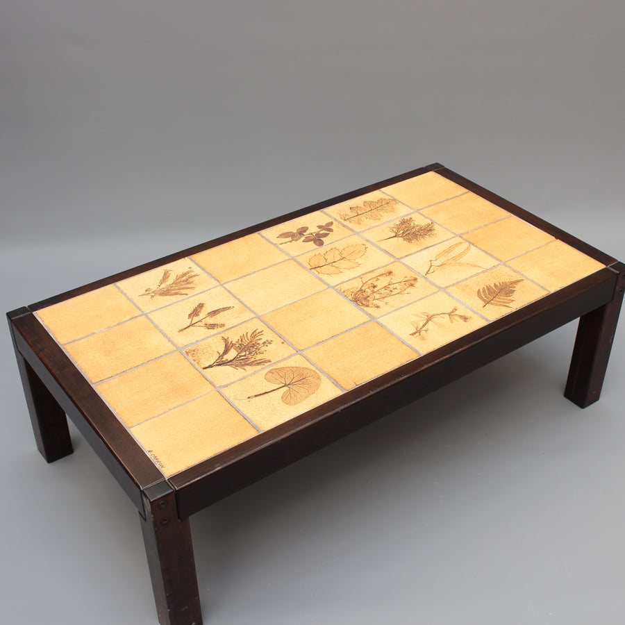 Vintage French Coffee Table with Leaf Motif Tiles by Roger Capron (circa 1970s)
