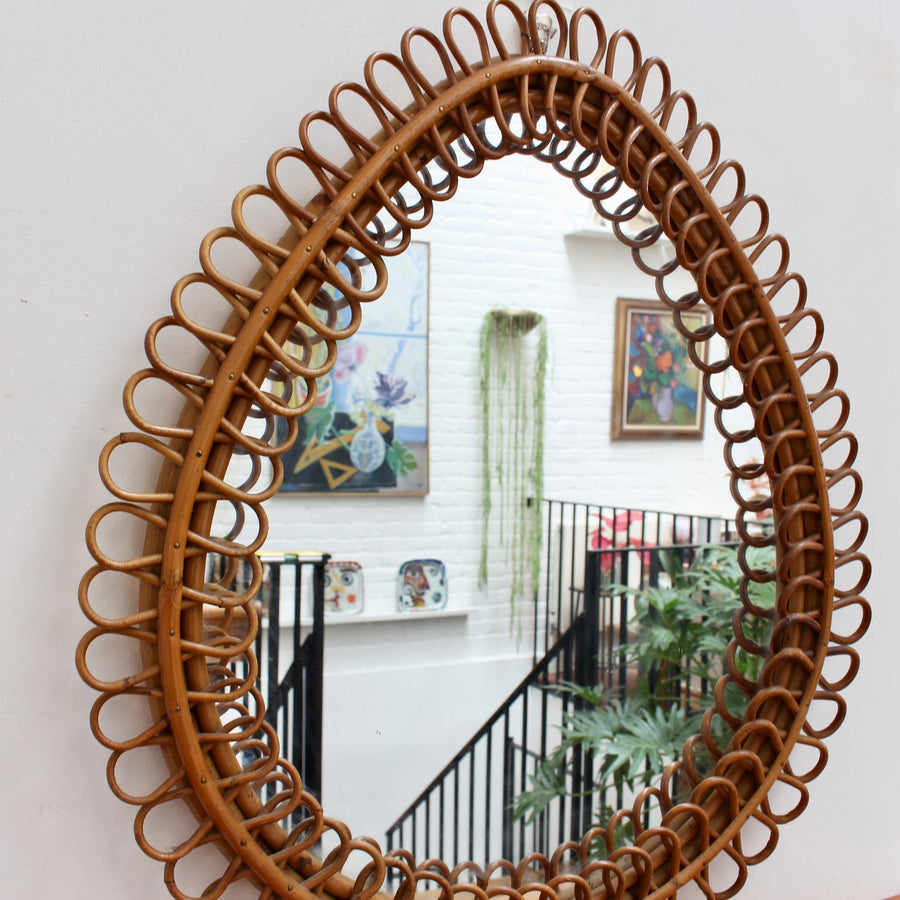 Vintage Italian Rattan Teardrop Wall Mirror (circa 1960s)