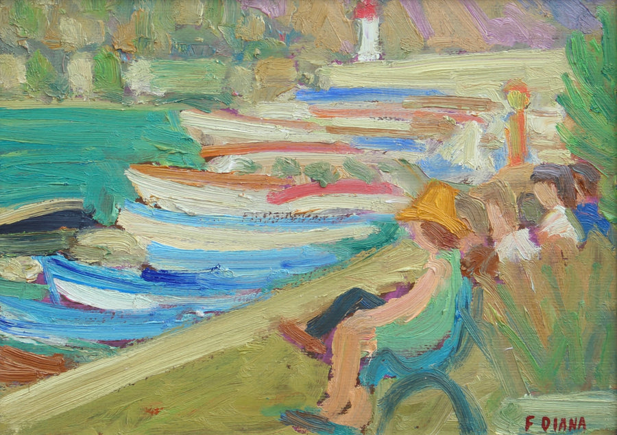 'Family Seated on a Bench at the Port' by François Diana (circa 1970s)