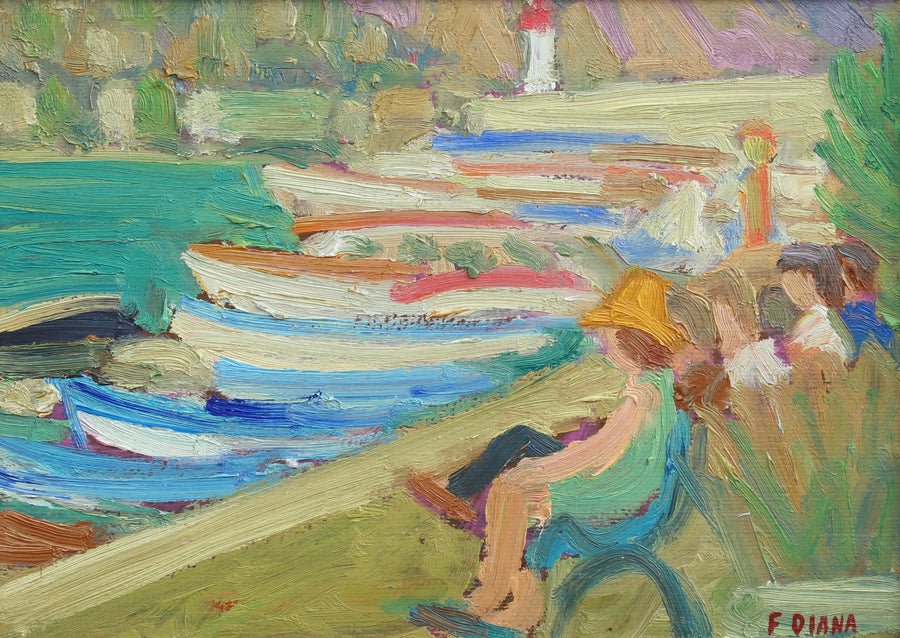 'Family Seated on a Bench at the Port' by François Diana (circa 1970s)